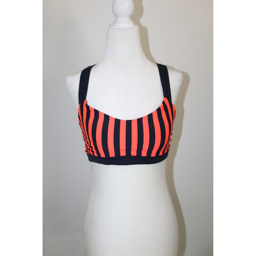 Lululemon Invigorate Sports Bra Size 8 Orange Navy Blue Striped Mesh‎ Racerback